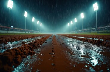 Fototapeta premium Rainfall on bumpy dirt racing track at night under bright stadium lights. Motorsports event illuminated by floodlights creates atmospheric scene for speedway or auto racing.