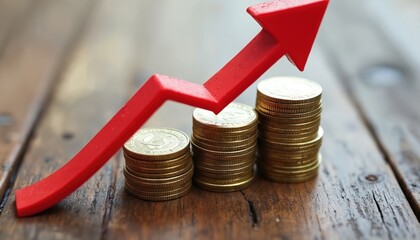 Wooden table displays stacks of gold coins in triangular formation. Top stack larger, with red arrow pointing upwards. Coins arranged in pyramid shape, with largest at top, smallest at bottom. Light