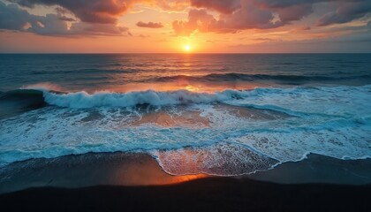 Stunning aerial view of ocean waves meeting dark volcanic sand beach at sunset. Powerful surf crashes ashore reflecting vibrant orange sky. Dramatic contrast between sea, sand, fiery clouds creates