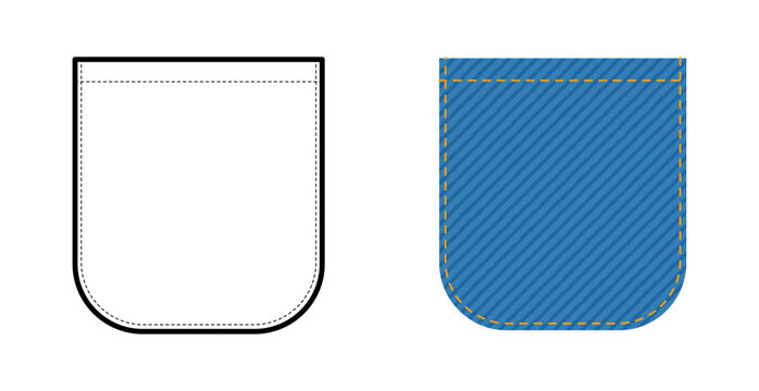 Top-stitched Rounded Patch Pocket Jeans technical fashion illustration. Flat apparel line template and color. Women, men unisex style item CAD mockup isolated on white background 