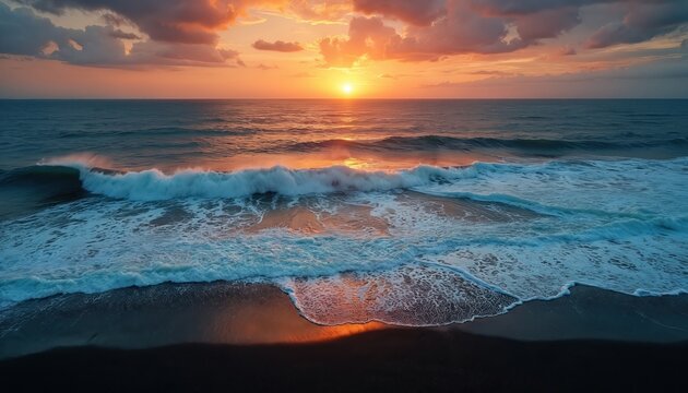 Stunning aerial view of ocean waves meeting dark volcanic sand beach at sunset. Powerful surf crashes ashore reflecting vibrant orange sky. Dramatic contrast between sea, sand, fiery clouds creates