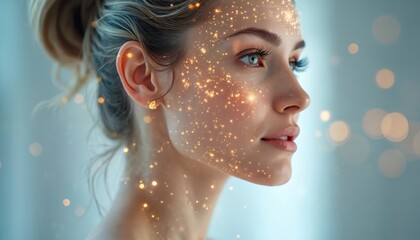 Portrait of young woman with clean skin illuminated by golden sparkles. Subtle makeup highlights features, including defined eyebrows, long lashes. Soft bokeh background enhances ethereal beauty.