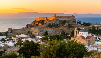 Obraz premium Panoramic sunset view of a Mediterranean fortress town