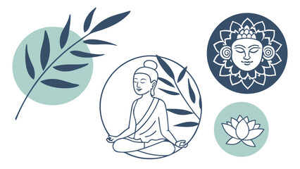 Serene Buddha Meditation Illustration with Lotus and Leaf Symbol in Modern