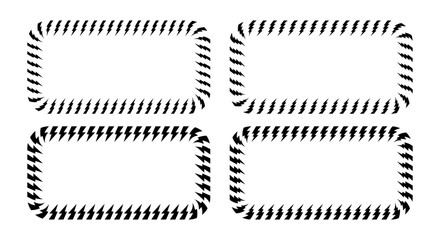 Set of rectangle frames with bolt print. Rectangular borders with flash icons isolated on white background. Shock, blitz, power or voltage comic design elements. Vector graphic illustration.