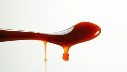 Isolated soy sauce drip on white. Amber brown liquid drop from spoon. Food photo. Asian cuisine ingredient. Smooth glossy shine. Beverage. Abstraction. Dynamic movement. Cooking illustration.