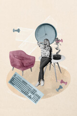 Banner image zine art pop trend collage of happy businesswoman stand office supplies table dry tree alarm clock computer keypad