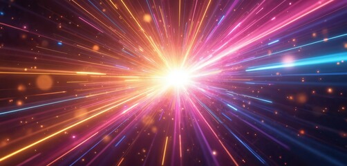 Fototapeta premium Abstract digital illustration features bright starburst effect with radiating blue, pink, orange light streaks against dark background. Numerous small glowing particles, bokeh effects enhance sense