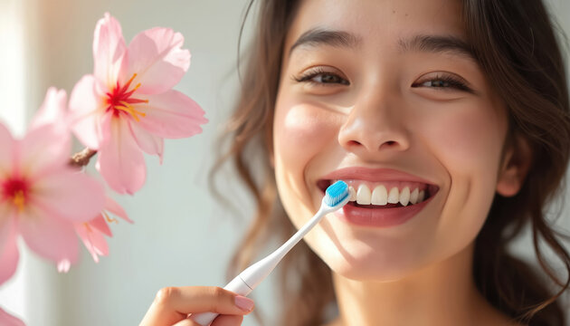 Young woman smiles, brushing teeth with toothbrush. Features white teeth, clean oral hygiene. Pastel pink flowers background. Pretty girl shows fresh radiant skin, happy confident morning routine.
