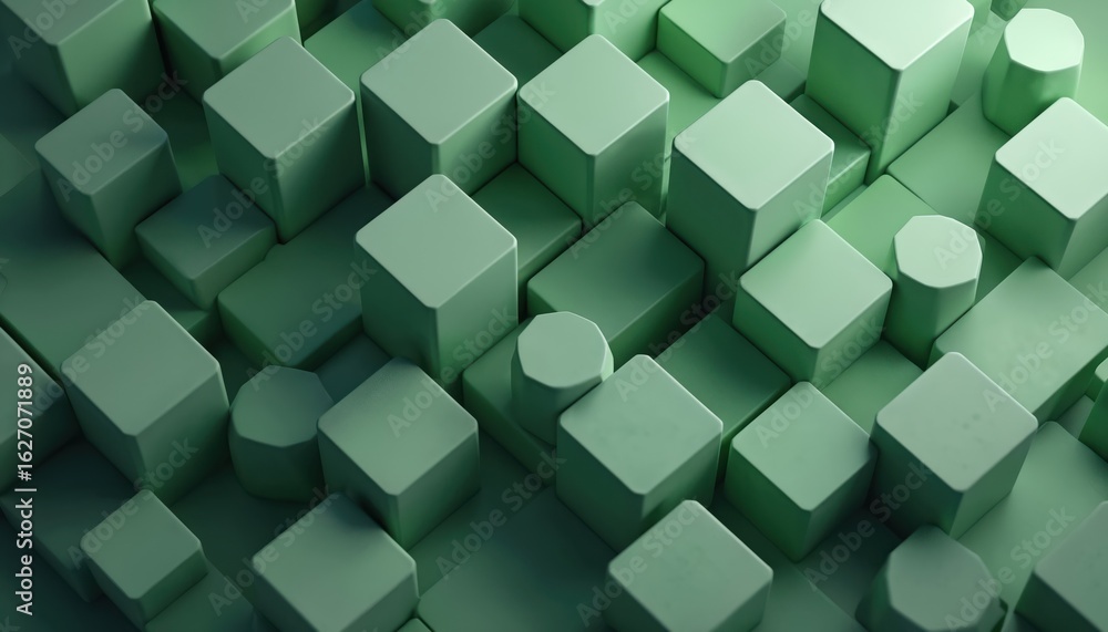 Poster geometric pattern composed of numerous cubes in varying sizes, colors. green, gray, brown cubes arra