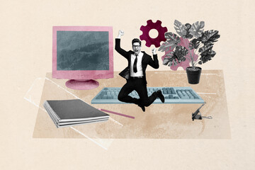 Art sketch image full 3d collage of happy businessman businesswoman stand computer keypad supplies...