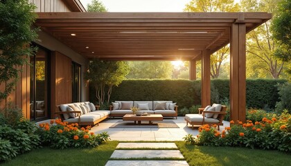 Modern outdoor patio with wooden pergola, comfortable sofas, coffee table. Stylish alfresco living space features contemporary design, lush landscaping, bright sunshine creating relaxing ambience.