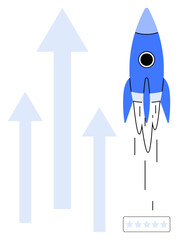 Rocket blasting off beside three upward arrows, signifying progress. Five-star rating below highlights quality. Ideal for growth, innovation, success, performance, business achievement ambition. A