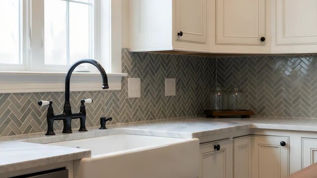 Bright White Kitchen with Farmhouse Sink Black Faucet Gray Herringbone Backsplash and Light Marble Countertops