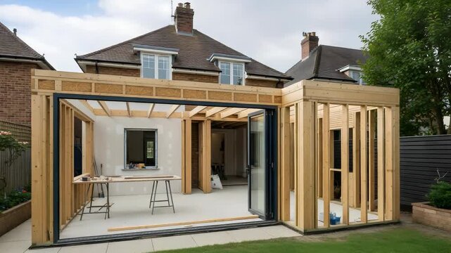 Building Extension with Wood Framing and Open Doorway in Residential Backyard