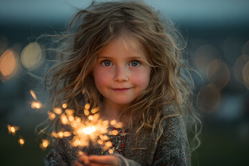 Happy child with sparkler celebrating the 4th of July, Independence Day, Memorial Day. 