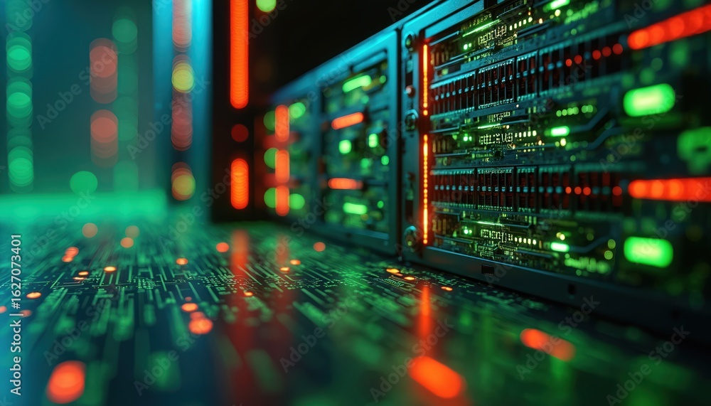 Poster 3d illustration of server rack filled with glowing components, featuring dark background with abstra