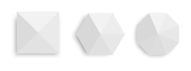 White tents top view. Gazebo umbrellas in square, hexagon and octagon shapes. Event or beach sunshades. Market canopy mockups isolated on white background. Vector realistic illustration.