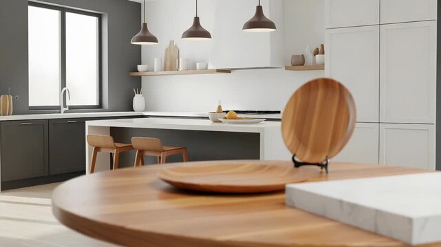 Clean Modern Kitchen Featuring Round Wooden Table Plates White Cabinets Gray Walls and Hanging Lights