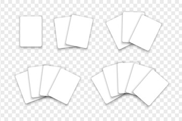 Set of blank white playing, gift or discount cards mockups isolated on transparent background. Playcard templates in different arrangements. Poker game concept. Vector realistic illustration.