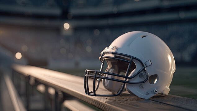 White football helmet rests on a stadium bench at dusk