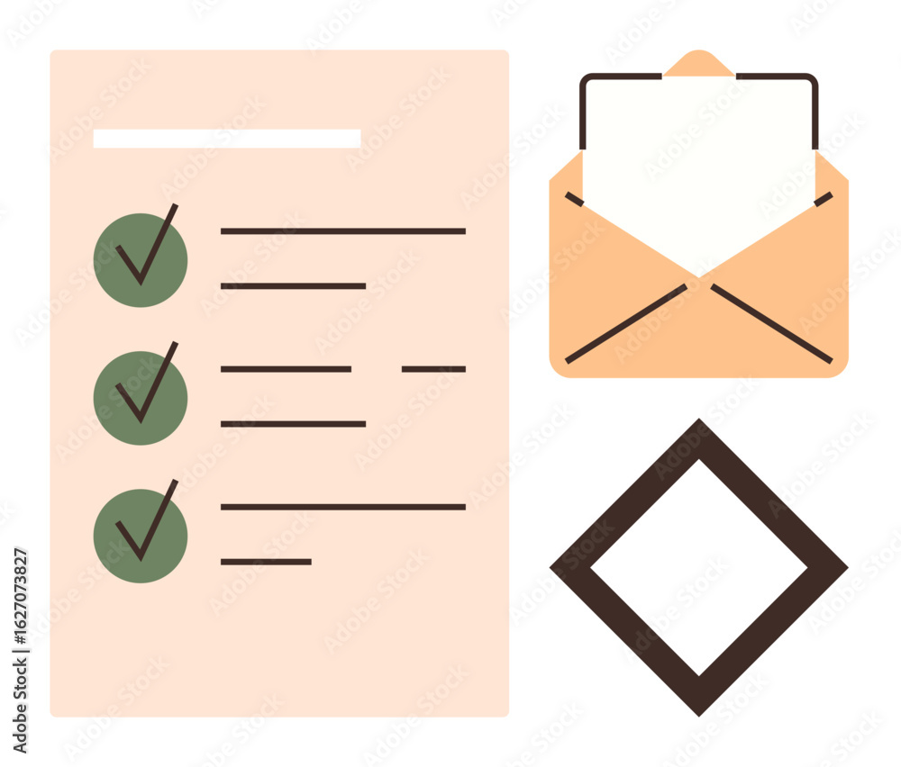 Poster checklist with green checkmarks, opened envelope with inserted paper, and rhombus shape. ideal for p