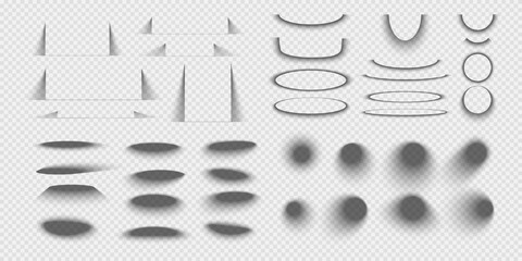Set of rectangular, round and oval packing boxes, banners or cards shadow effects. Different realistic soft grey shapes. Shades isolated on transparent background. Vector realistic illustration.