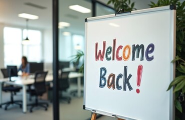 Colorful Welcome Back. message on whiteboard. Modern office interior with desks, chairs, windows, plants, blurred employee in background. Encourages team collaboration, communication, business