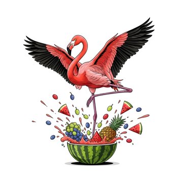 Pixelated bird with spread wings standing on one leg above a watermelon bowl bursting with fruits including watermelon, grapes, pineapple, and berries against a white background