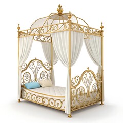 Luxurious ornate golden four poster bed with white drapes and blue pillow