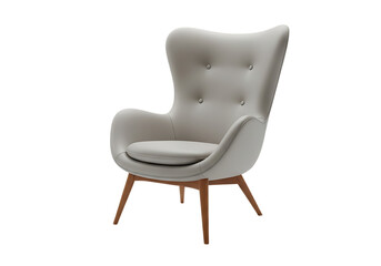 Elegant light grey upholstered wingback armchair with wooden legs isolated on a transparent background