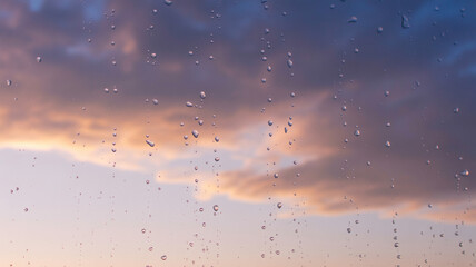 Obraz premium Water droplets on glass against colorful sky clouds