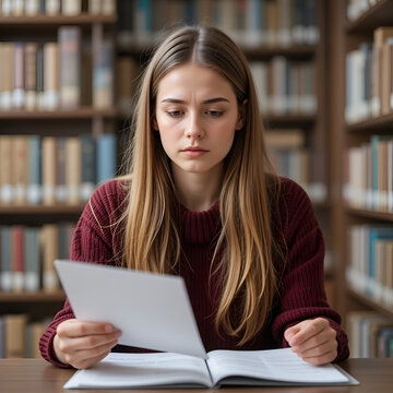 young, fairskinned woman, exhibiting signs of total frustration she nitpicks over two different grad school acceptance letters in calm, quiet library. classic case of decision paralysis caused
