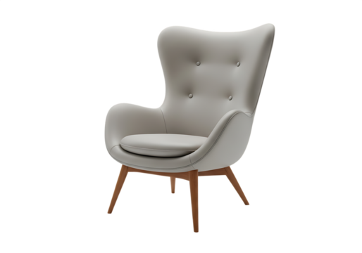 Elegant light grey upholstered wingback armchair with wooden legs isolated on a transparent background