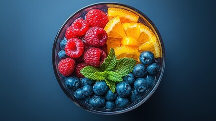 Vibrant Fresh Fruit Medley with Mint in Glass Bowl, Dark Blue Backdrop