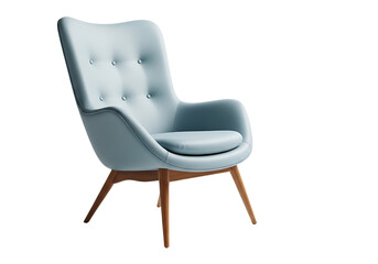 Elegant upholstered armchair with wooden legs isolated on a transparent background light blue