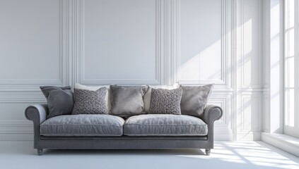 Fototapeta premium Elegant gray sofa in a sunlit, white room with paneling