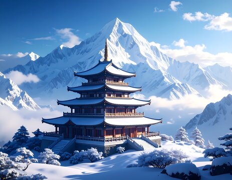 Snowy mountain temple scene - Powered by Adobe