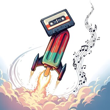 Whimsical illustration of a popsicle rocket launching from a cloud of smoke toward musical notes.  Audio tape adorns the top of the rocket. Cartoon style.