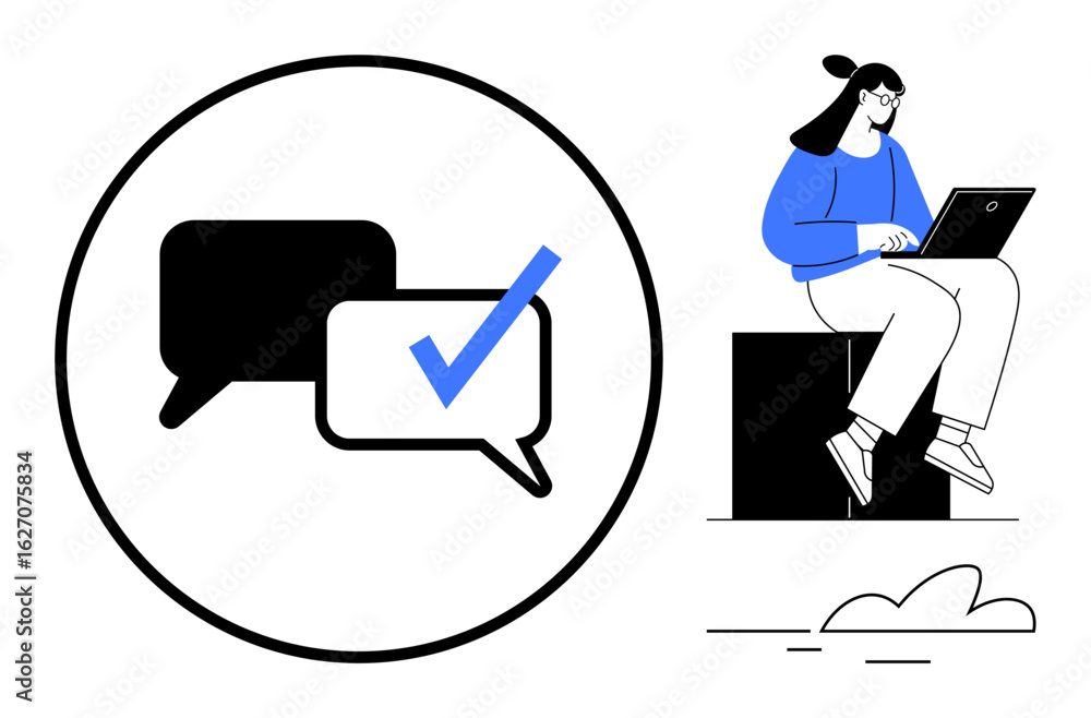 Poster speech bubbles with check mark and individual using laptop represent communication, messaging, and o
