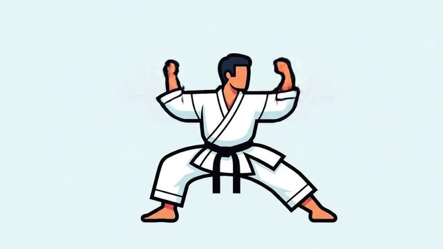 Martial artist in traditional gi performing kata with focused movements in clean studio environment