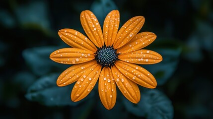 Vibrant Orange Daisy Petals Adorned with Dew Drops Against a Moody Dark Background