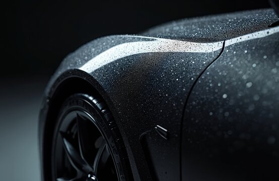 Close-up of dark grey car body covered with water droplets. Shiny metallic paint reflects light, aerodynamic curves, pristine surface. Wheel, tire visible. Perfect for automotive industry, detailing,