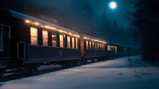 Vintage Steam Train Approaching Through Snowy Forest Under Moonlight
