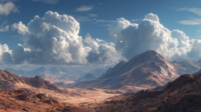 Dramatic Martian Landscape with Towering Cumulus Clouds above Eroded Plains