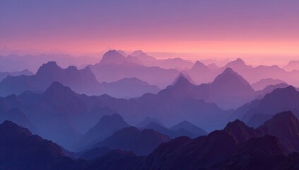 Fototapeta premium Panoramic mountain range at sunrise. Soft, muted colors of purple, pink, and blue