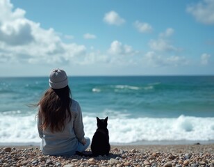 Woman and black cat sit on pebble beach, contemplating vast ocean. Peaceful daytime scene with blue sky, white clouds, and gentle waves. Companionship, relaxation, and nature connection.