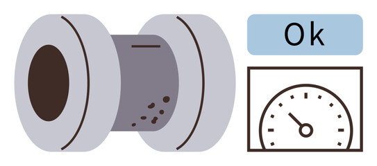 Two brake pads with wear marks, a Ok status indicator, and a gauge showing performance. Ideal for vehicle maintenance, automotive safety, diagnostics, inspections, wear indicators, quality check