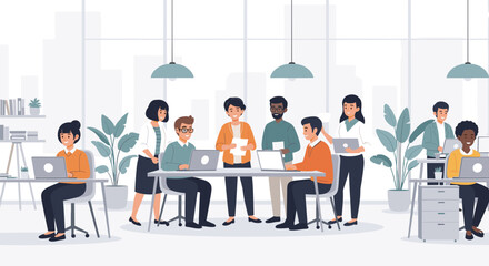 Diverse professionals collaborating in a modern, bright office environment, fostering teamwork and productivity. Ideal for business, corporate, and technology themes.
