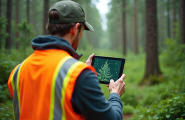 Forester in orange vest uses tablet to analyze forest map. Man with cap in rich green environment uses technology for planning, survey, land evaluation and resource management.